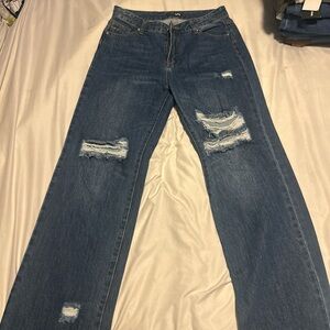 Fashion Nova Blue Straight Leg Jeans with Distressed Details